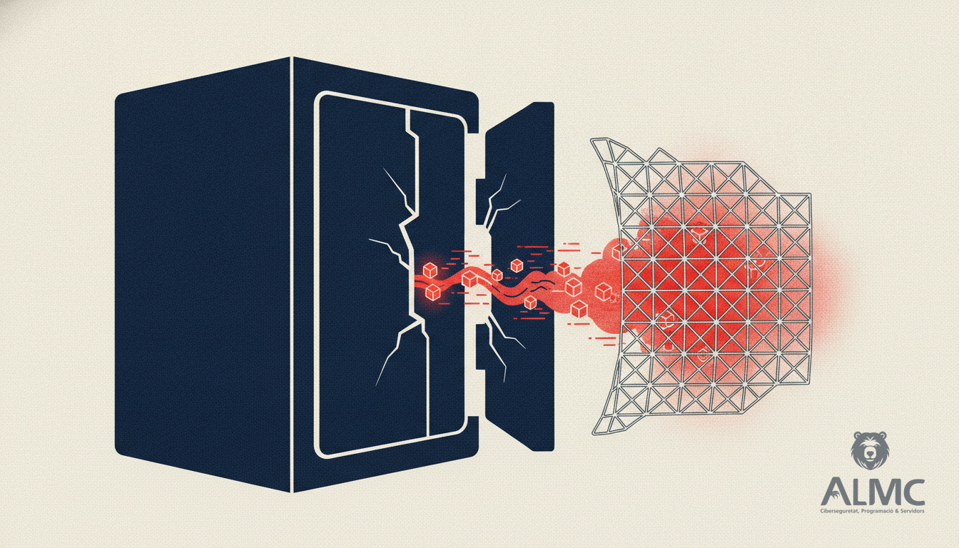 A cracked DNS resolver appliance with malicious packets caught by a protective mesh grille