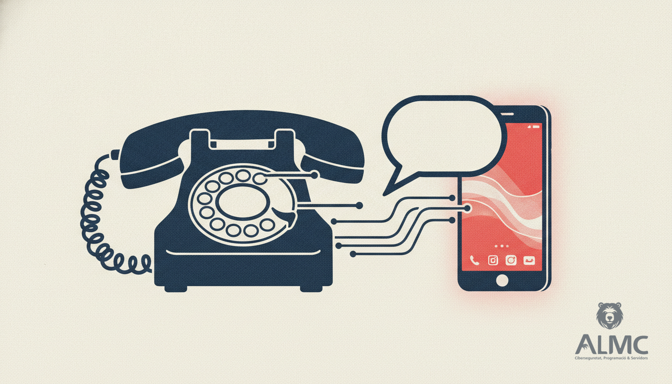 Teléfono analógico que se transforma en un smartphone con burbuja de chat.
