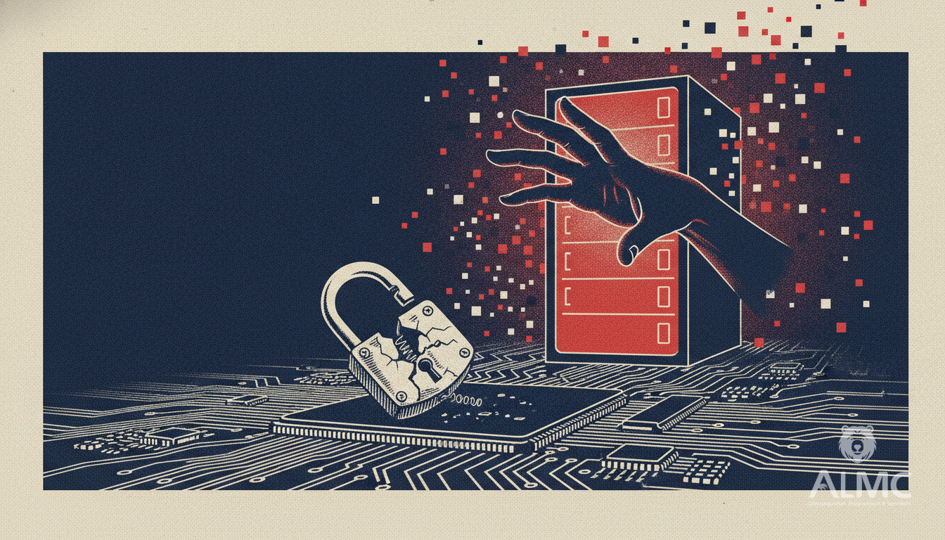 Cracked padlock on a circuit board symbolising a critical server vulnerability and the risk of remote code execution