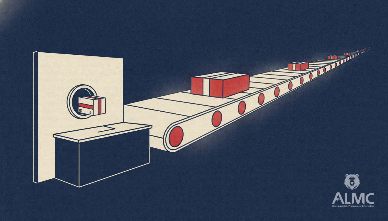 A parcel from a small shop moving onto a large sorting conveyor, illustrating marketplace expansion in Spain