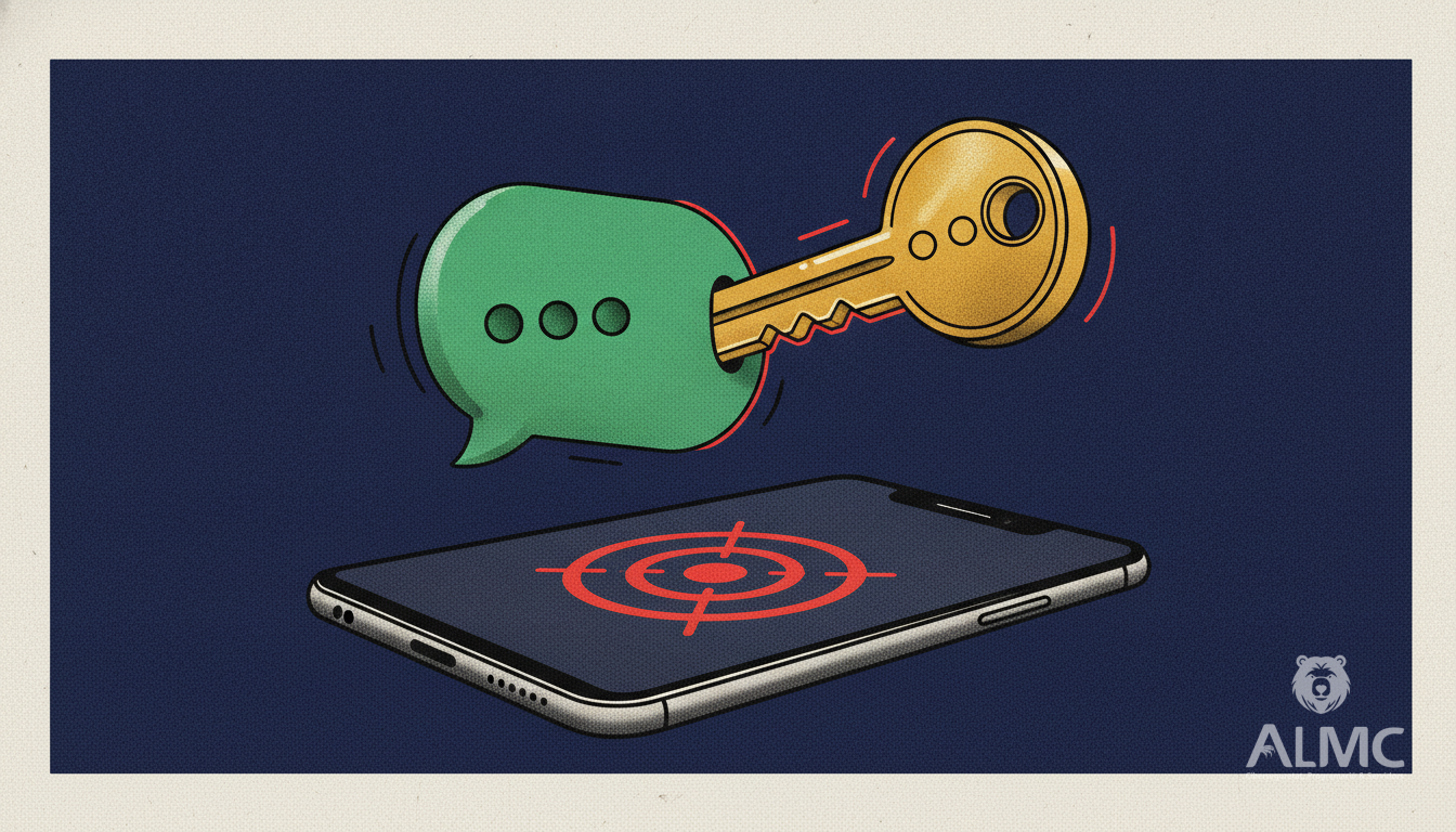 Burbuja de WhatsApp que se transforma en una llave dorada sobre un teléfono con una diana.