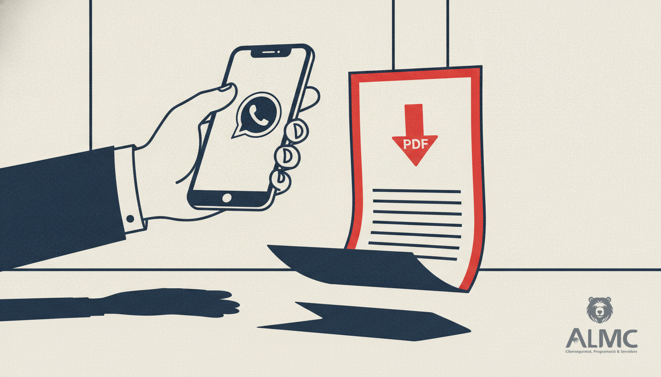 Mano sosteniendo un móvil con WhatsApp del que sale un documento PDF físico.
