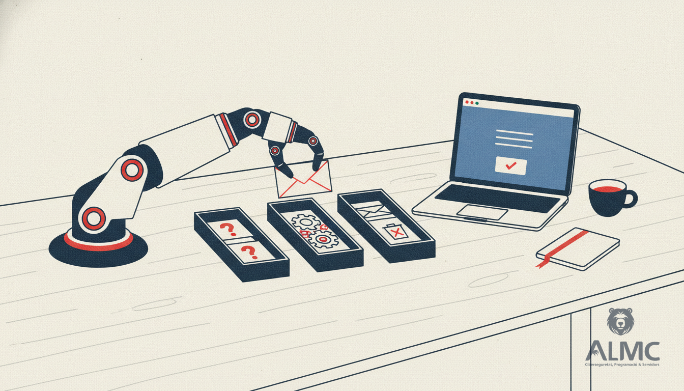 Robot arm sorting email envelopes into categories on a desk with laptop