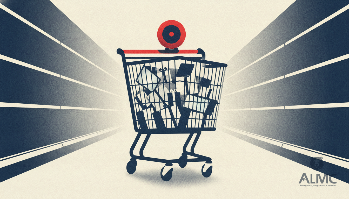 A self-driving shopping trolley carrying parcels and screens, illustrating AI agents completing online purchases