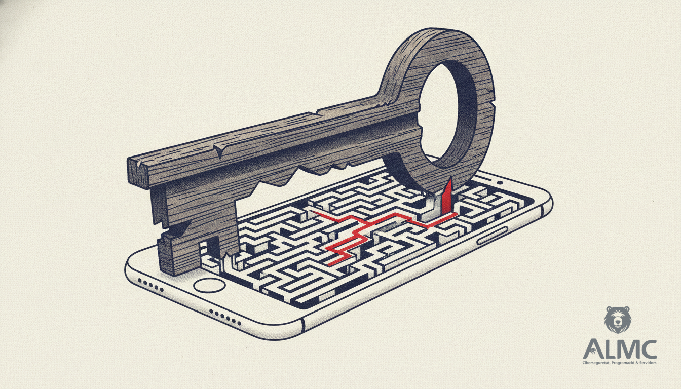 Una gran llave de madera intentando entrar en la pantalla de un smartphone que se transforma en un laberinto.