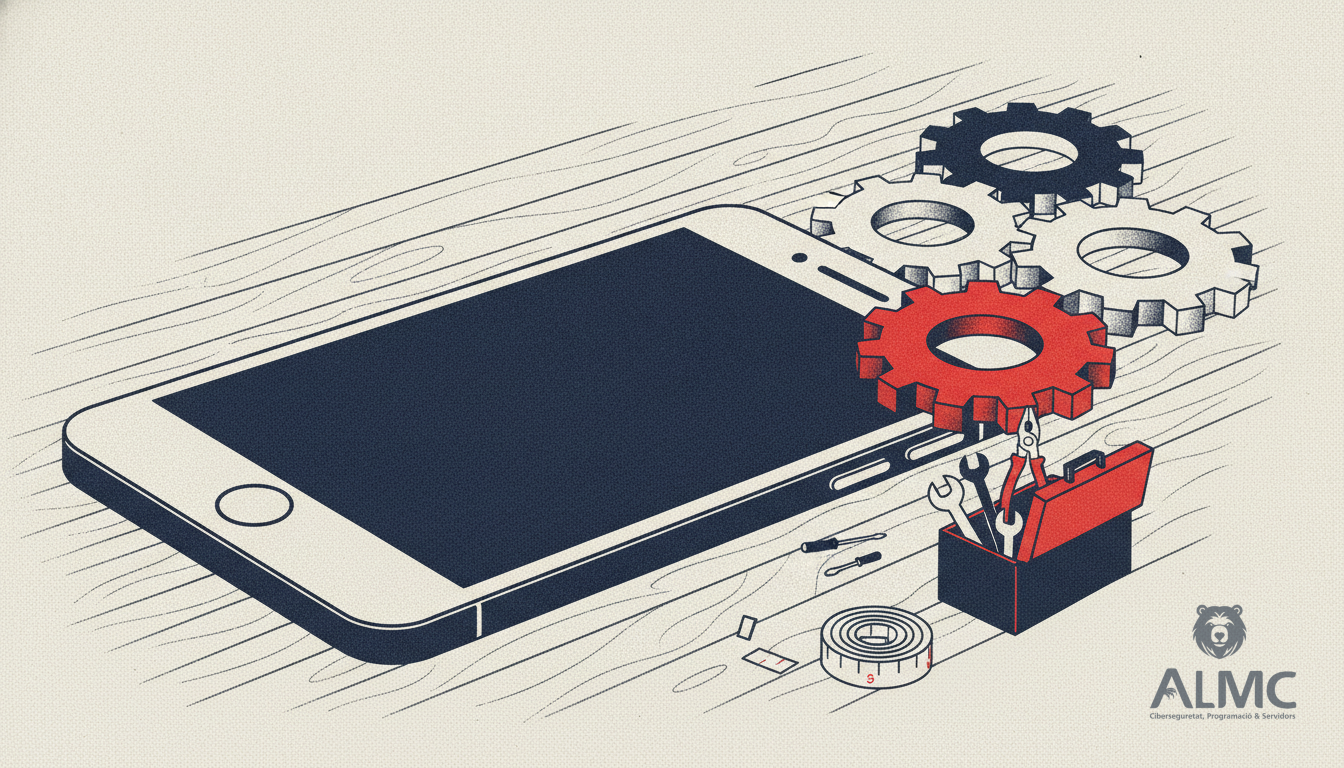 Smartphone on a desk surrounded by gears and tools symbolising custom mobile app development