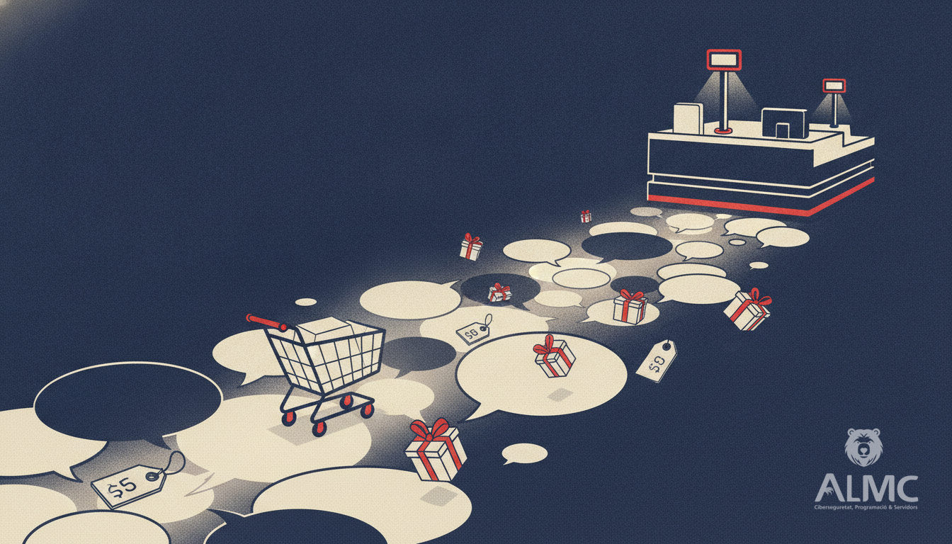 Carrito de la compra avanzando entre burbujas de conversación hacia una caja de pago