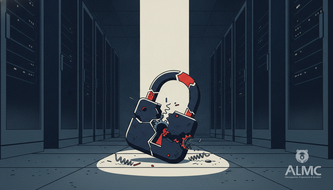 A broken padlock on a server-room floor symbolising a bypassed authentication control