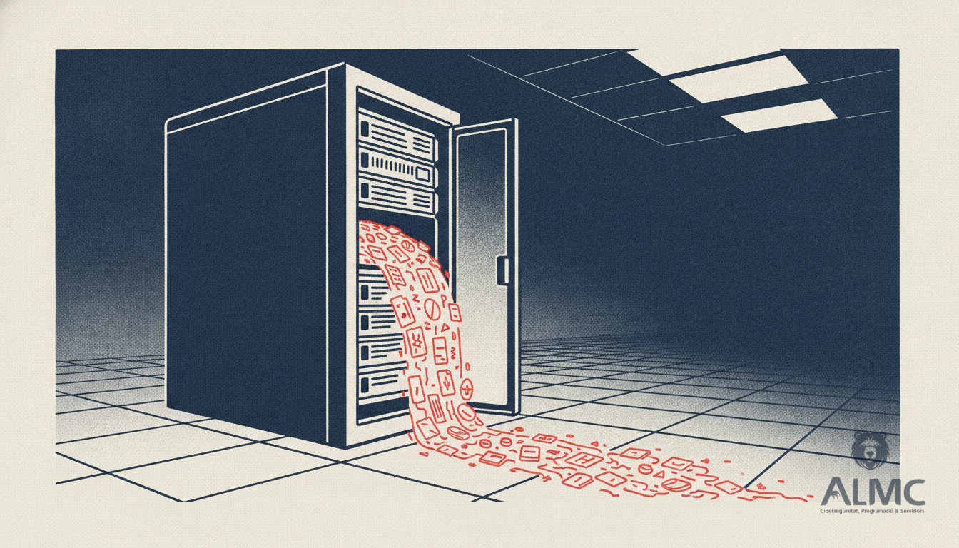 Server appliance with database records leaking out of an opened panel, representing a SQL injection flaw