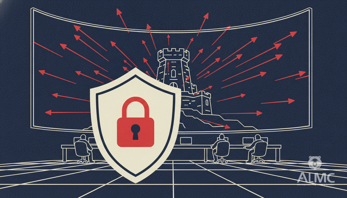 Digital fortress under cyberattack with a shield protecting servers