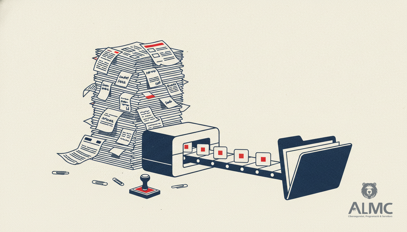 Crumpled invoices and handwritten forms being scanned and emerging as tidy digital data tiles on a conveyor