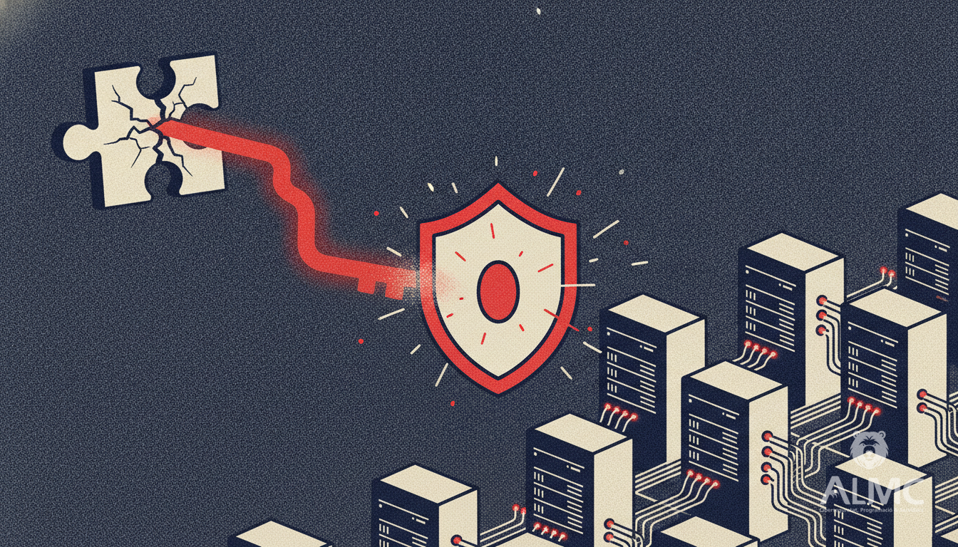 A cracked browser extension leaking a key towards server racks, intercepted by a shield