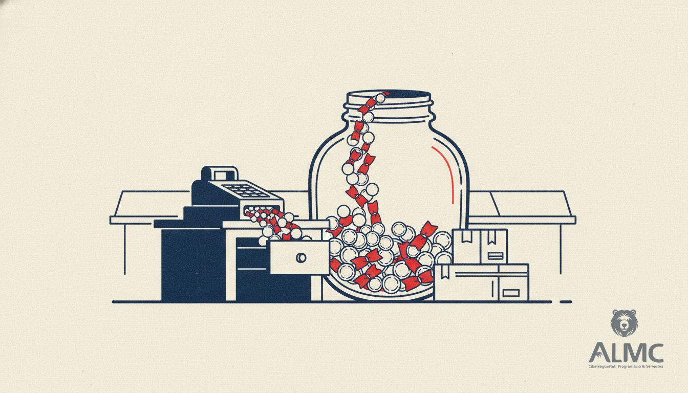 A shop till drawer opening with coins and parcels flowing into a glass jar beside stacked boxes