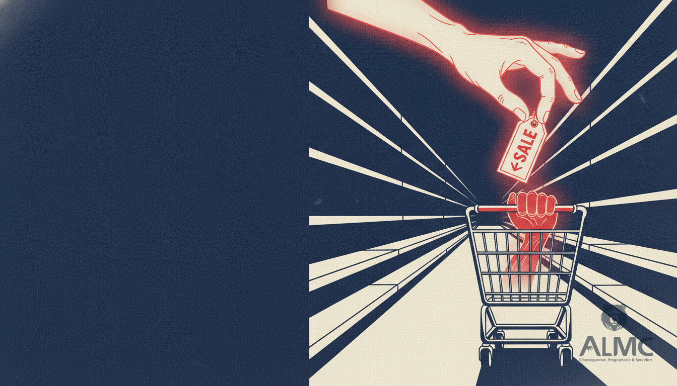 A shopping trolley with a glowing hand hovering above it holding a price tag, illustrating assisted AI shopping