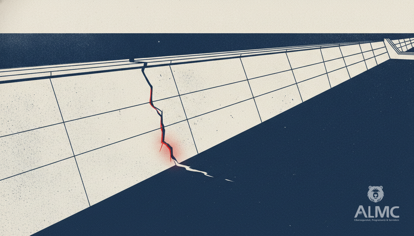 Cracked dam with a thin leak escaping, illustrating an unpatched vulnerability in a Joomla extension