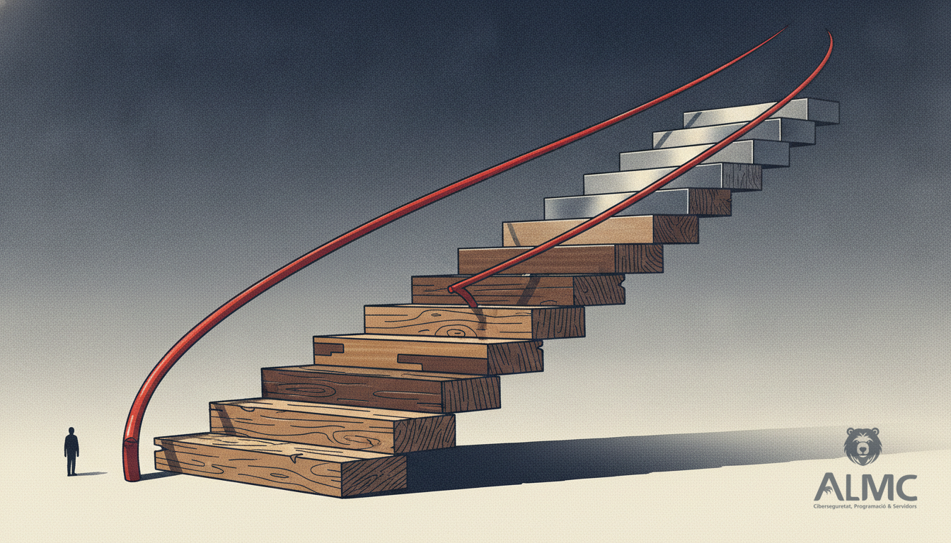 Escalera de madera que se transforma en metal paso a paso, simbolizando la madurez en automatización.