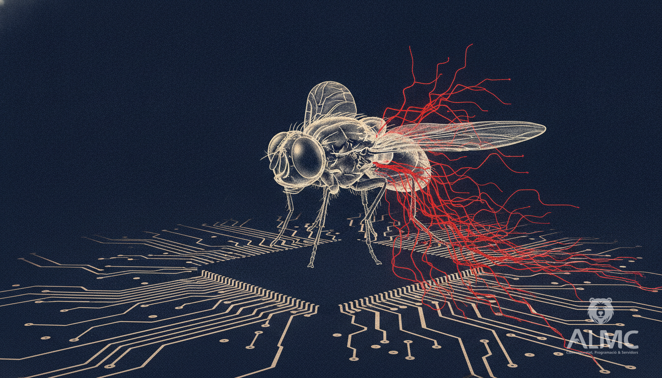 A translucent fly whose wings branch into a glowing web of connections across a dark circuit board