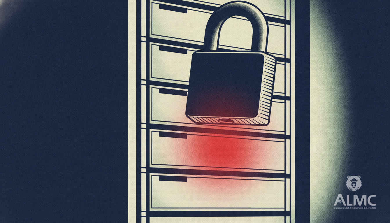 Servidor con un panel rojo que representa una vulnerabilidad crítica y un candado que lo protege