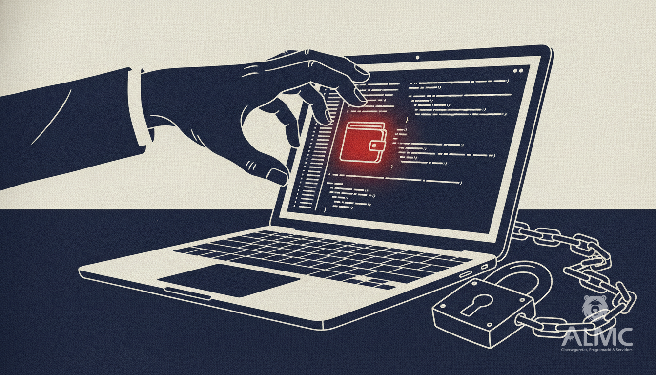 Illustration of a shadowy hand reaching for a digital wallet on a laptop screen