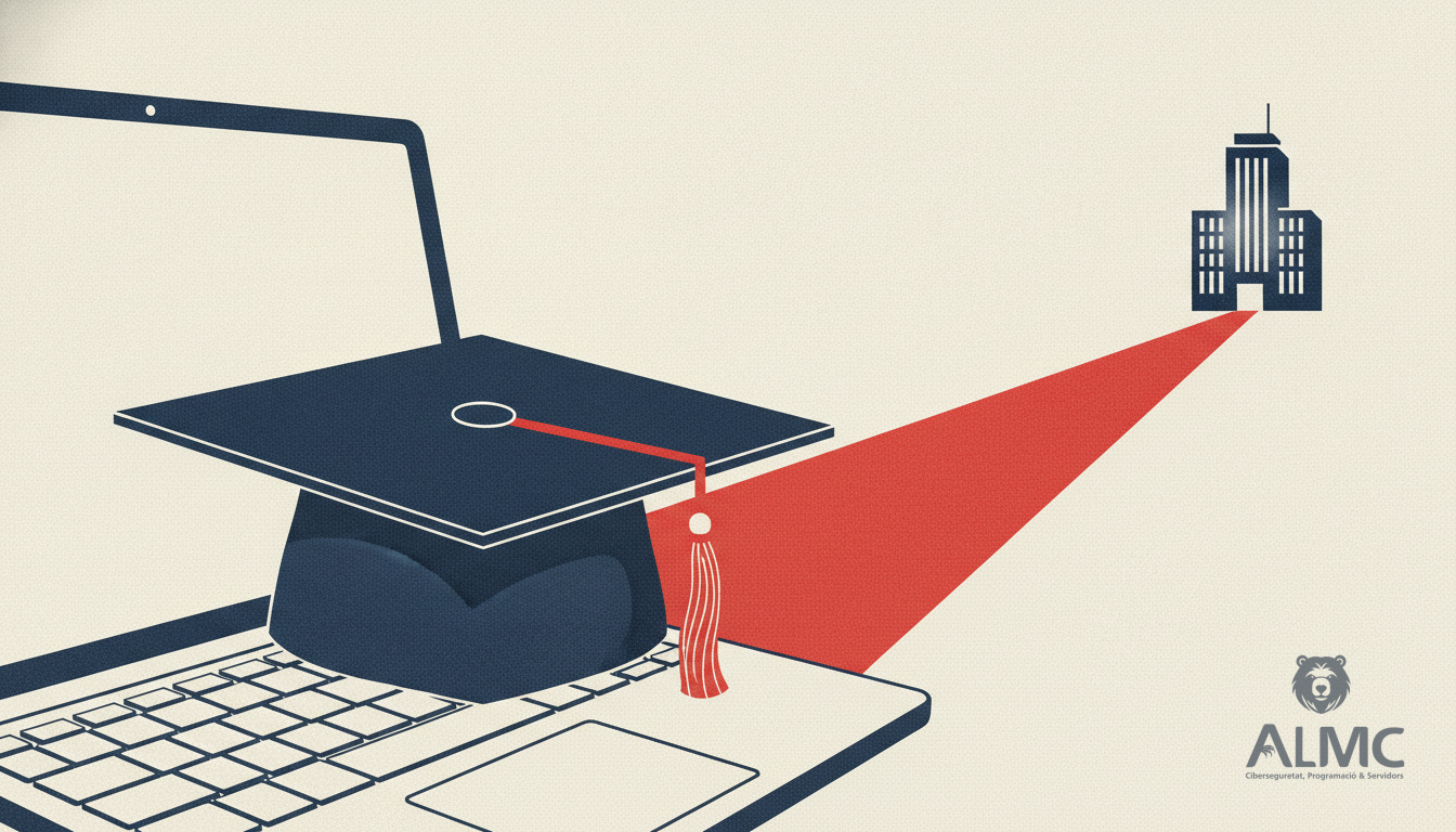 Graduation cap on laptop keyboard leading to office building