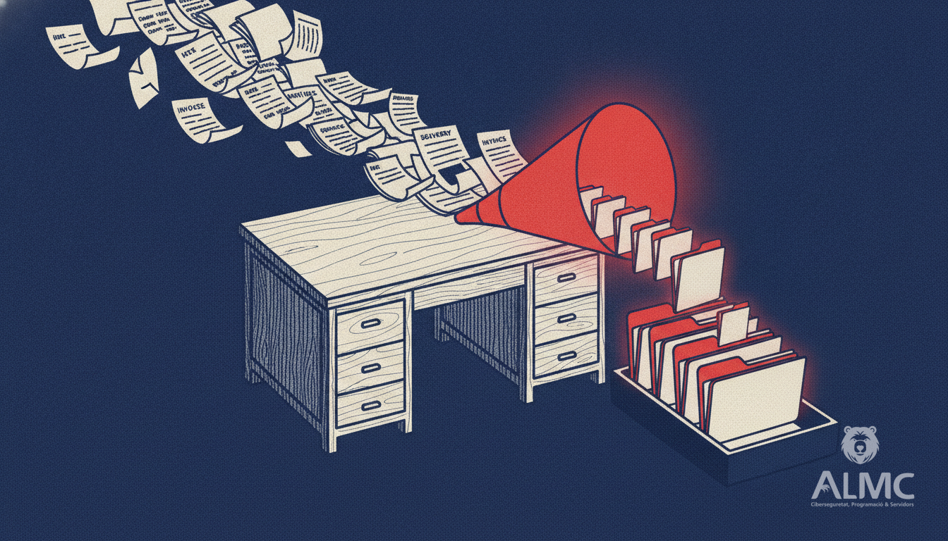 Paper invoices and order slips flowing through a funnel into sorted digital folders on a small business desk