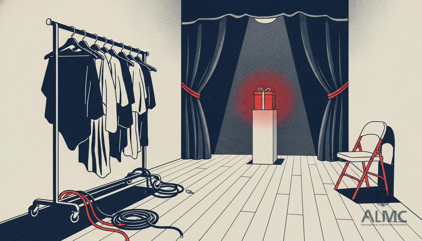 Bambalinas de un teatro con vestuario y cables, y un paquete iluminado esperando tras el telón