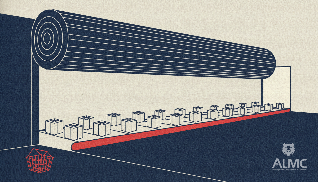 Shop shutter opening onto a conveyor of parcels, illustrating an online store built to convert visitors into sales