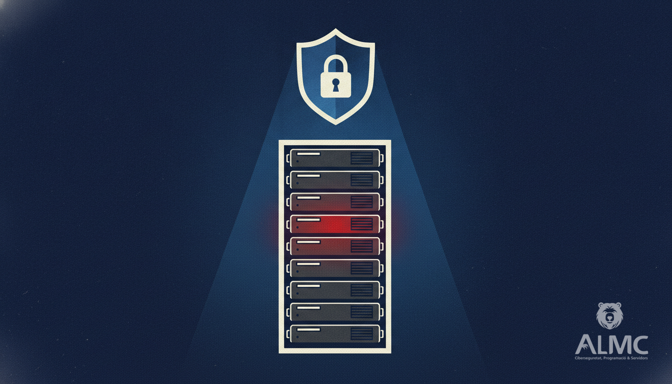 Server rack with a glowing red server and a protective shield above it