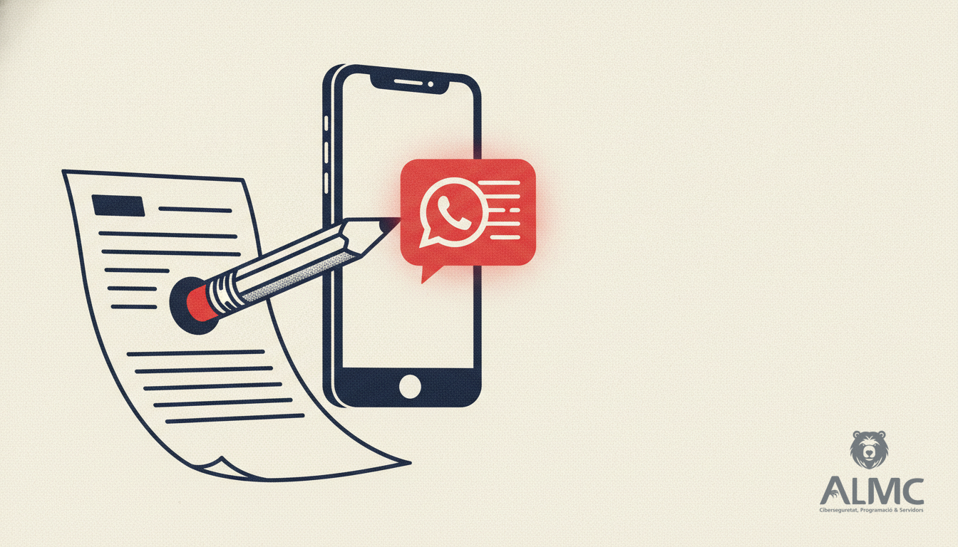 Ilustración de un formulario de papel convirtiéndose en un teléfono con un mensaje de WhatsApp.