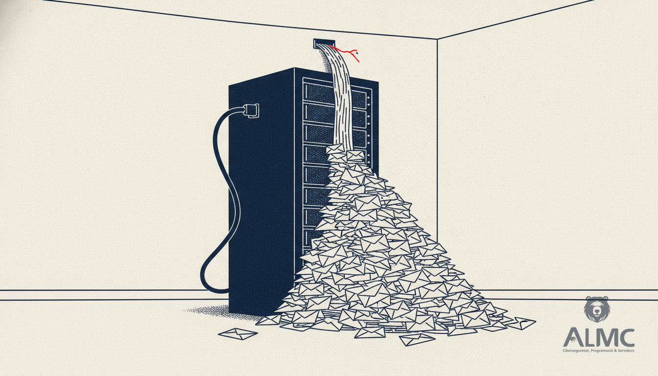 Server rack in a small office with a loose cable and a pile of envelopes blocking its front grille