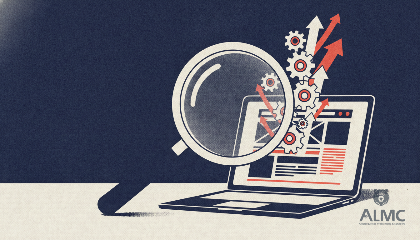 Magnifying glass and laptop with SEO gears and arrows
