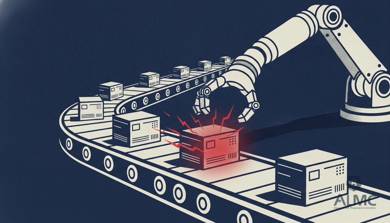 Software packages on a conveyor belt with one glowing red to symbolize a compromised artifact