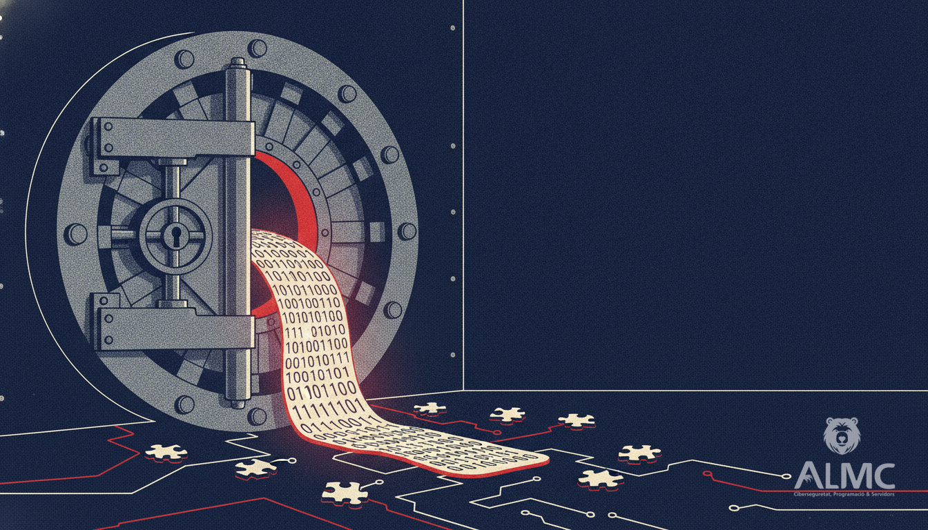 Vault door ajar with glowing binary code flowing out, symbolizing a data breach in a server room