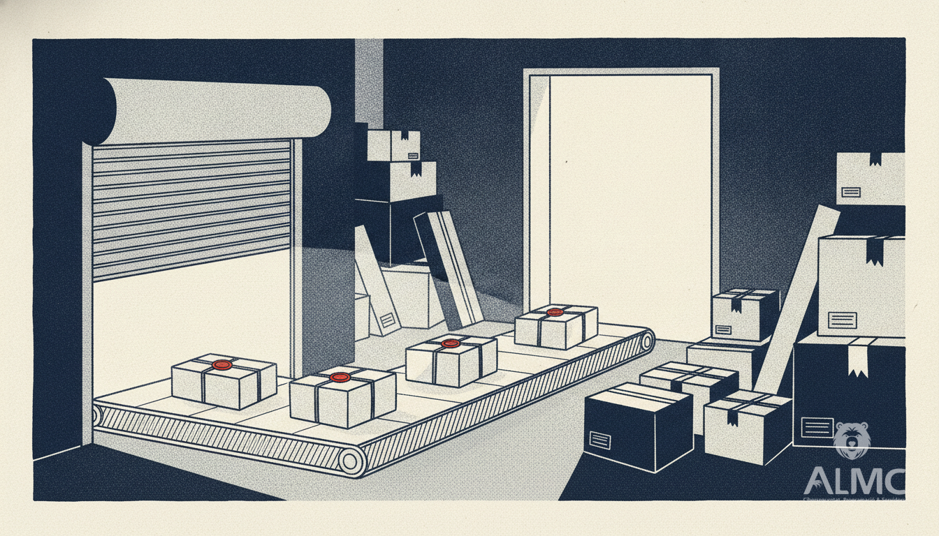 A shop shutter opening onto a conveyor of parcels, illustrating a well-built online store ready to sell