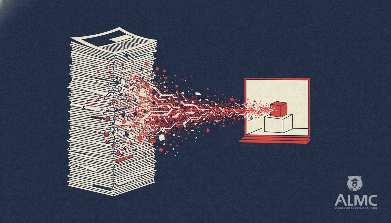 Newspapers dissolving into data particles flowing towards a small shop window display