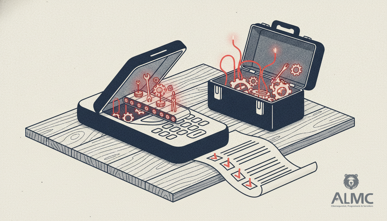 Mobile phone opened like a hatch revealing a conveyor belt of gears and tools, symbolising ongoing app maintenance
