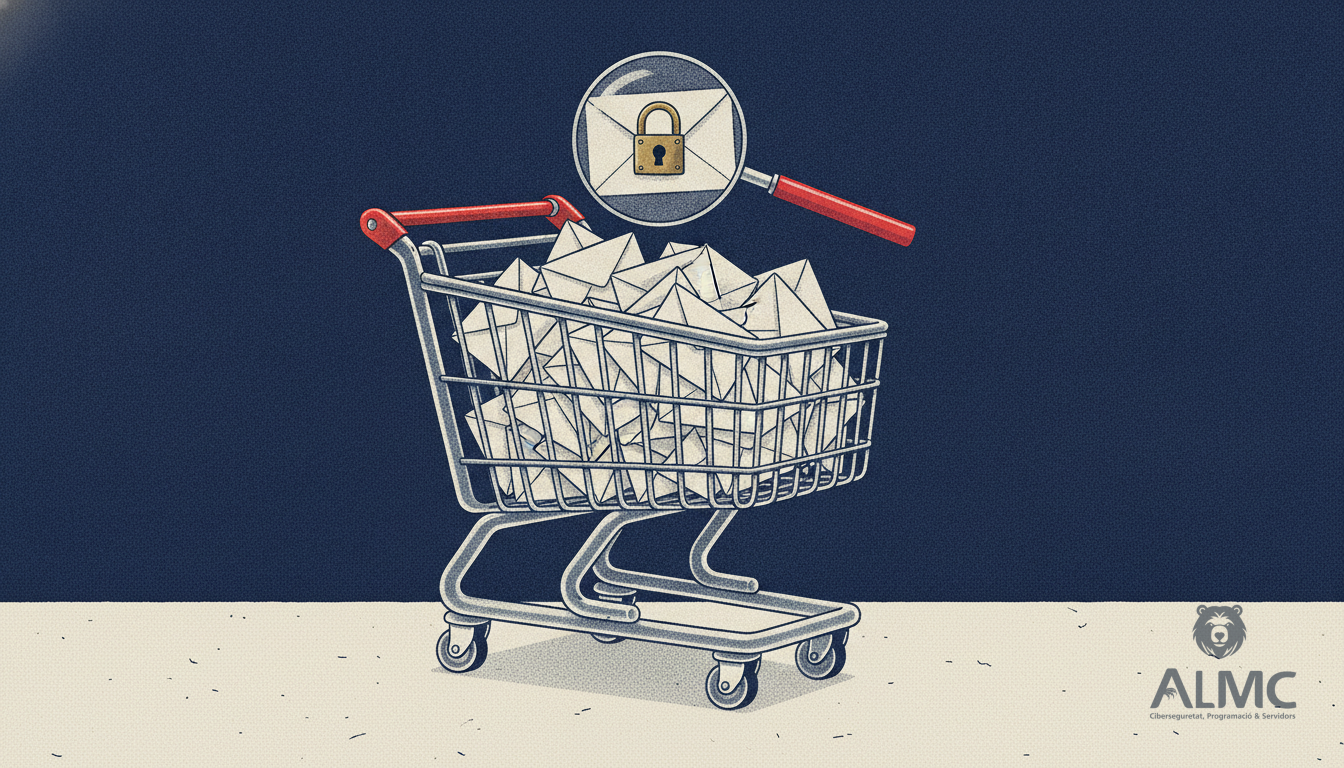 Carrito de compra transparente con sobres sellados y una lupa que revela un candado, metáfora de la privacidad en el comercio electrónico