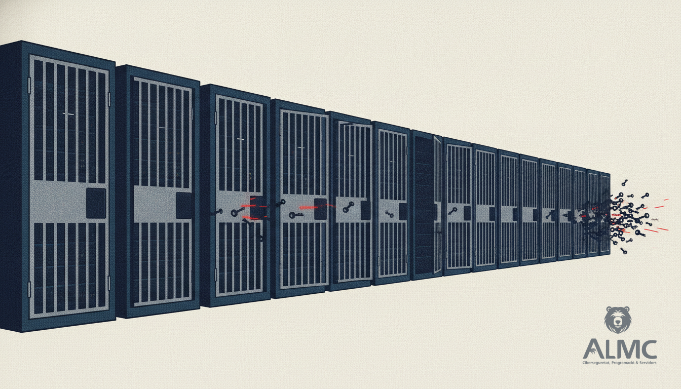 Illustration of several server racks acting as a fortress with iron gates closing against intruding keys