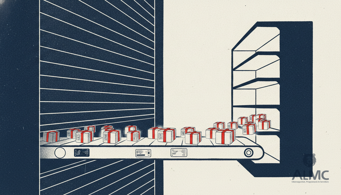 Online store shutter opening onto a conveyor of parcels with screens, illustrating retail media in ecommerce