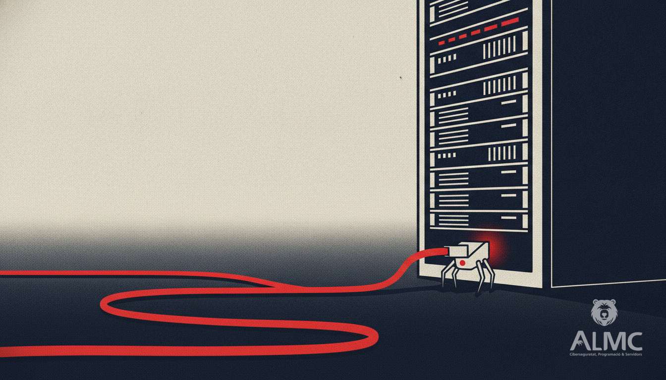 Dormant spider-like device under a server rack with a glowing network cable