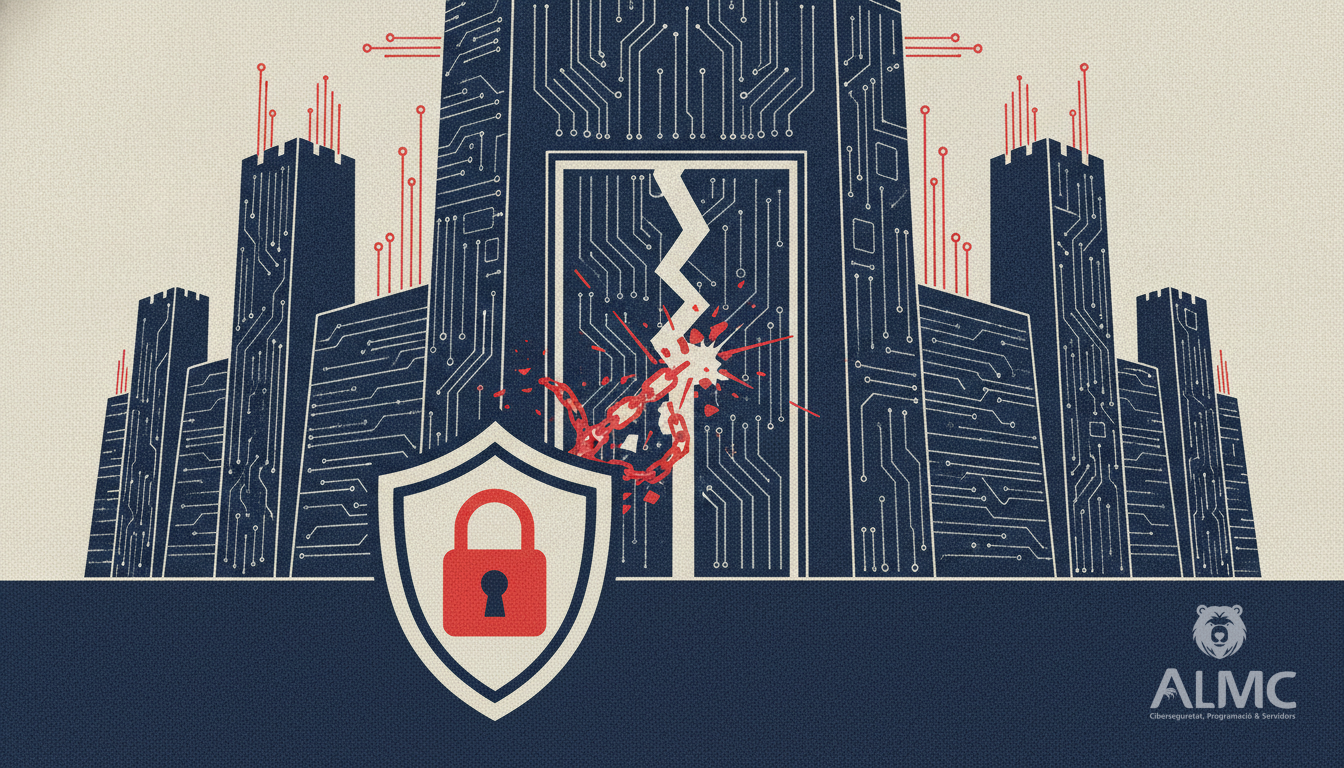 Digital fortress with cracked gate and shield padlock symbolizing server protection