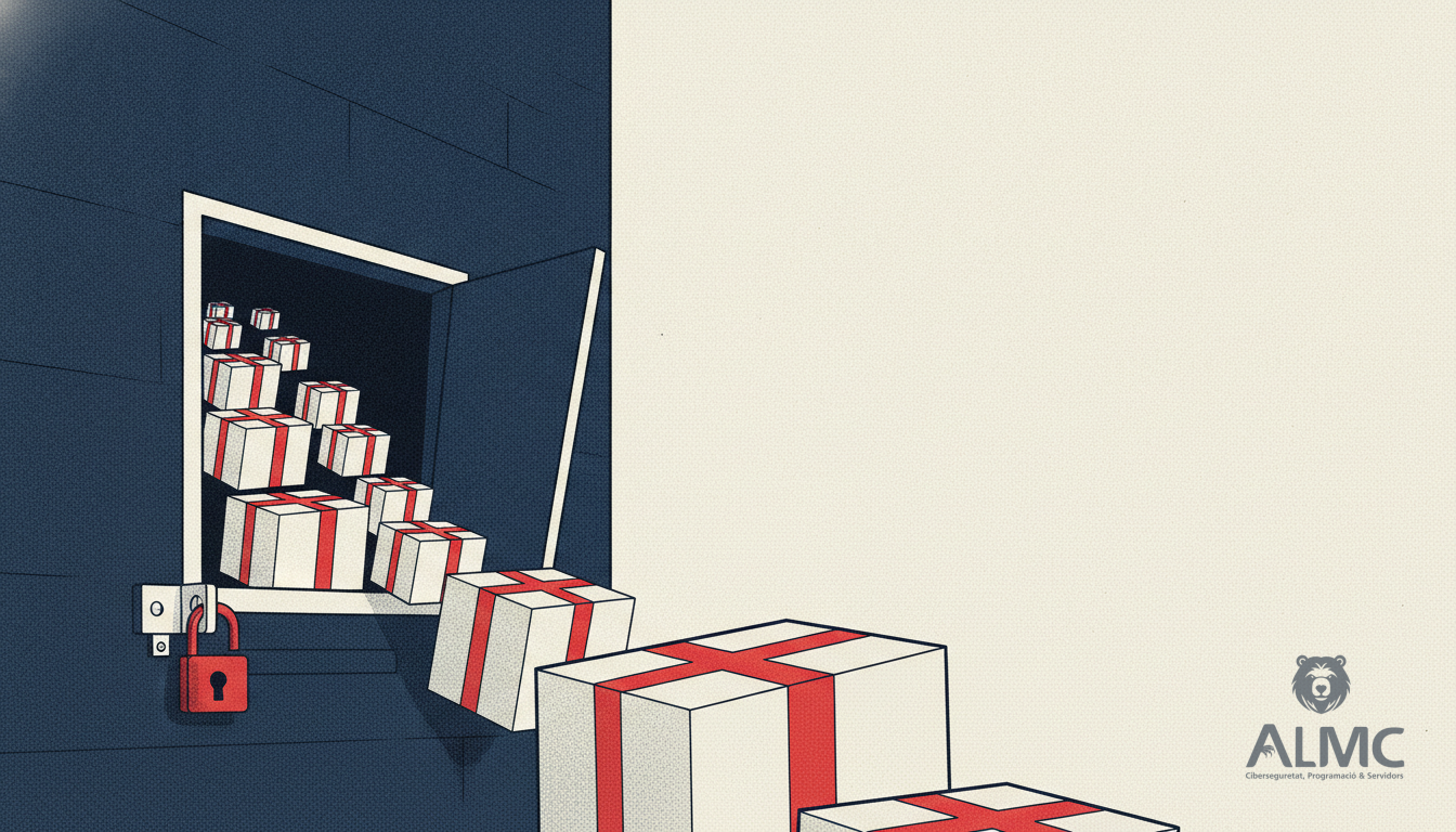 An unlatched hatch letting parcels slip into a warehouse, illustrating unrestricted file upload in Adobe Commerce