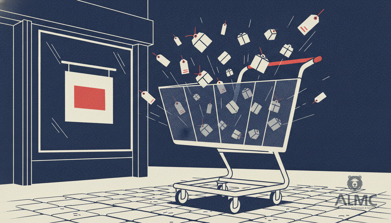 A futuristic shopping trolley collecting parcels from different shops, illustrating the rise of smart carts in ecommerce