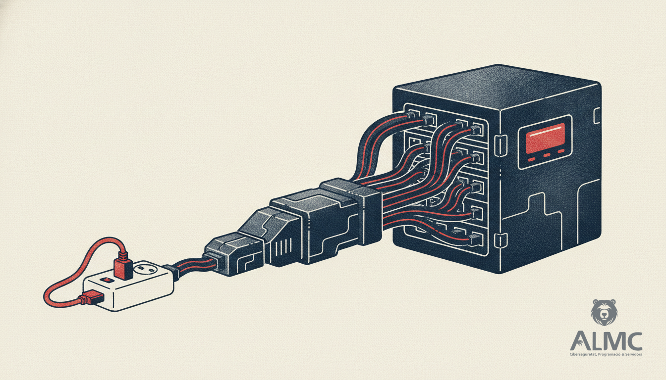 Regleta doméstica transformándose en rack de servidores con múltiples cables.