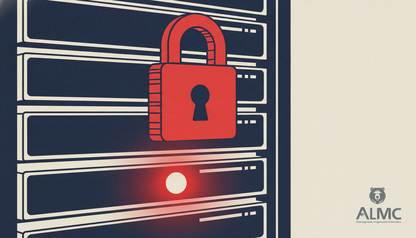 Server rack with red warning light and padlock icon