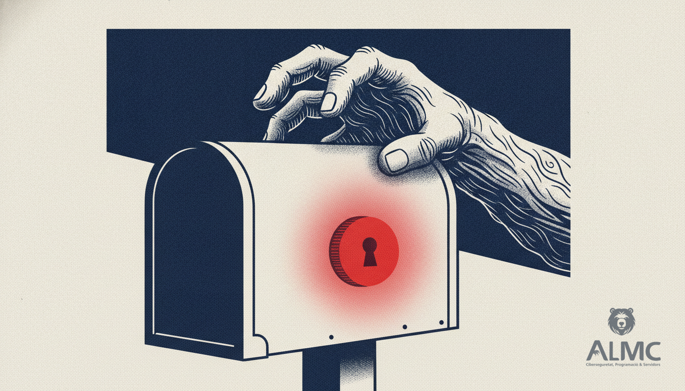 Mailbox with glowing red lock and shadowy hand reaching toward it