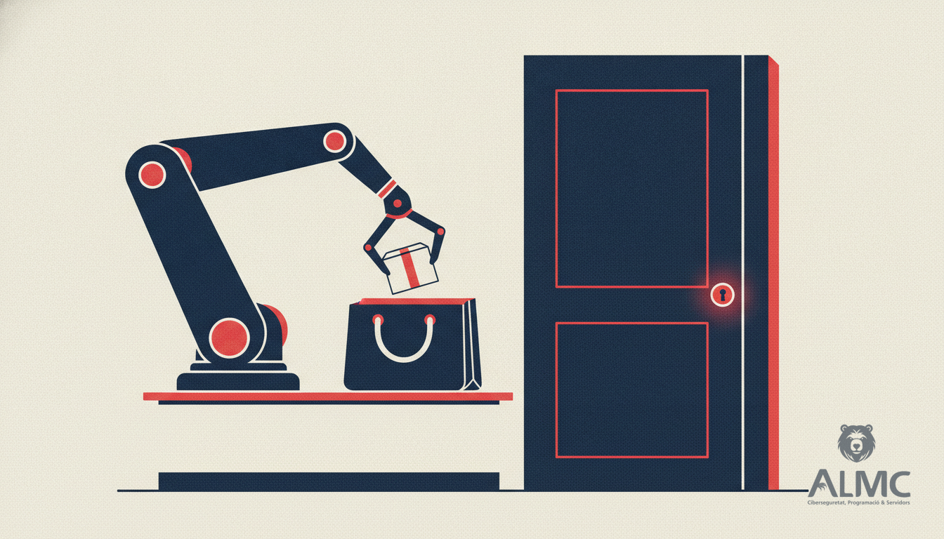 A robotic arm placing a parcel into a tote bag beside a closed shop door, illustrating AI agents in ecommerce