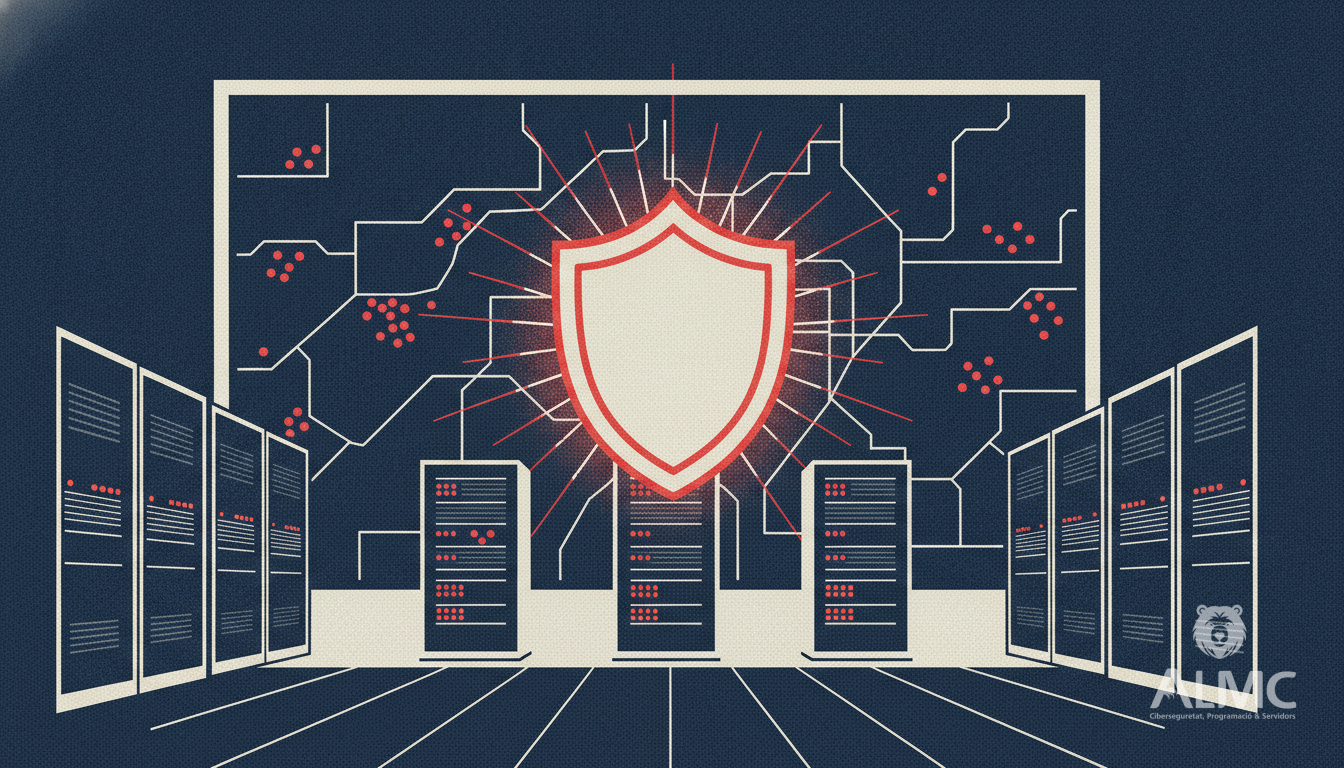 Server room with red alert dots on racks and a glowing shield icon above a central server