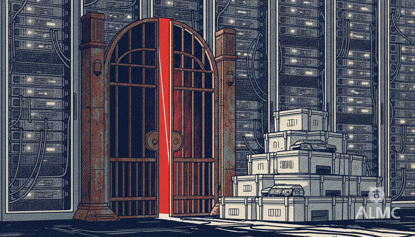 An old gate left ajar in a server room, illustrating an unpatched Apache Struts vulnerability