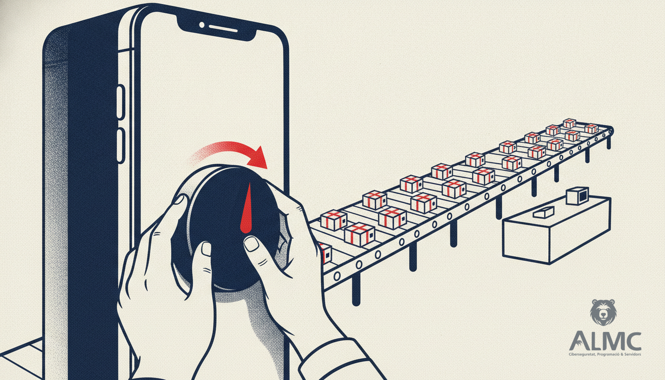 Hands adjusting a dial on a phone-shaped cabinet while parcels roll towards a shop counter